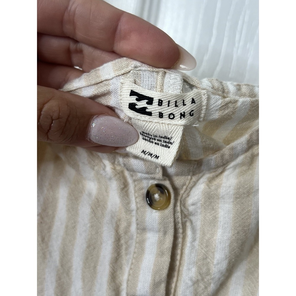 Billabong Striped Linen Blend Romper M Boho Coastal Beach Button Front Tie Belt - Picture 5 of 7